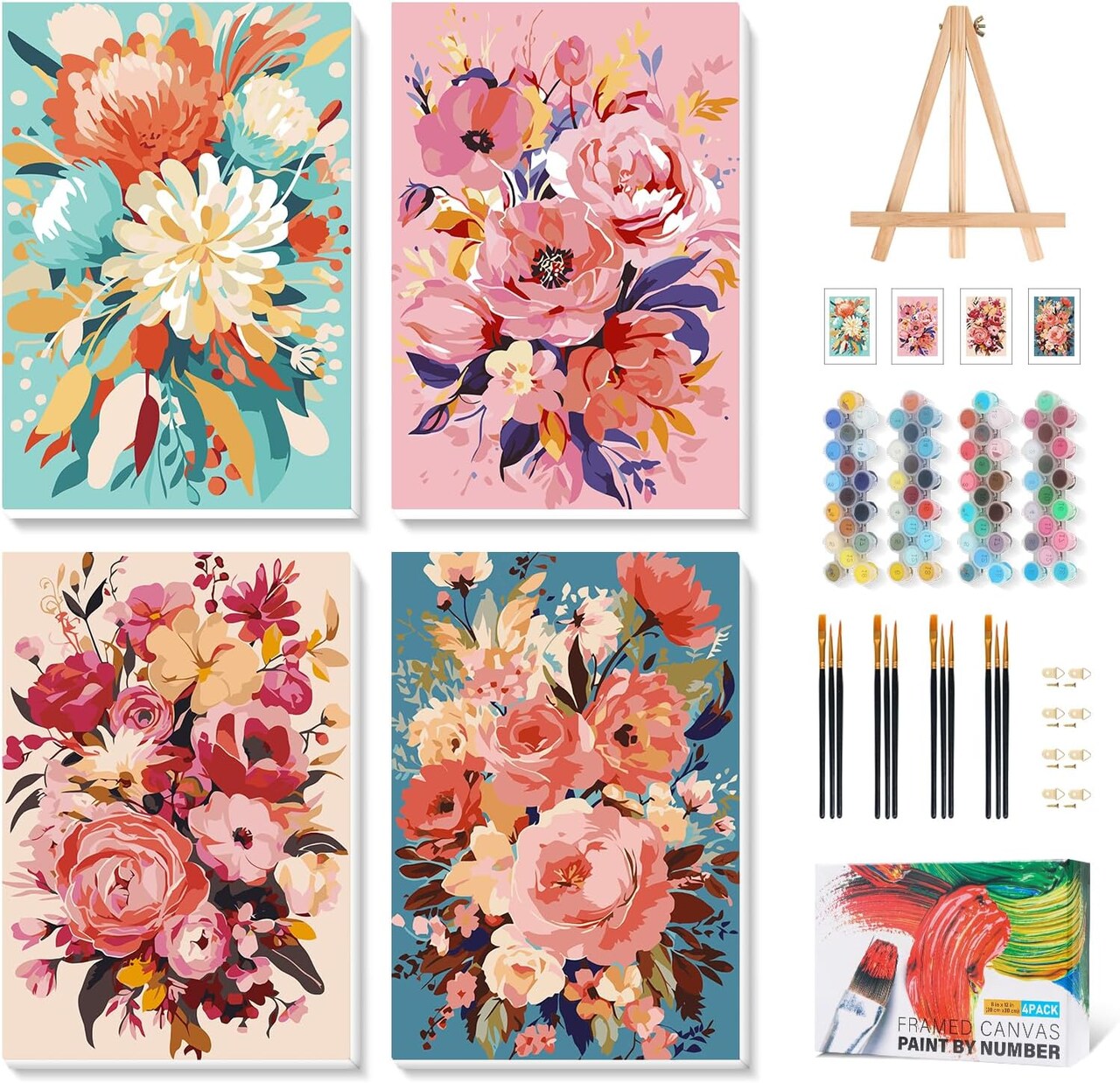 4 Pack Framed Paint by Numbers Kit for Adults with Wooden Easel, Flowers Paint by Numbers with Frame for Beginner, Flowers Adult Paints by Number Kits on Canvas Framed for Wall Decor 8 x 12 Inch